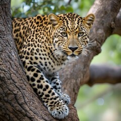 Poster - AI generated illustration of a close-up shot of a leopard perched on a tree branch in a forest