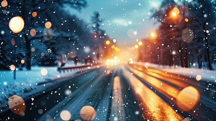 Close-up of the highway on a winter evening