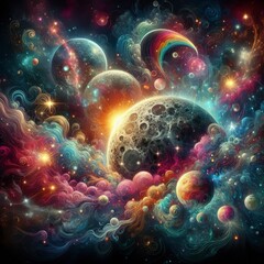 Wall Mural - Discover the mesmerizing beauty of deep space with this stunning image featuring the moon and solar system. Enhanced with smoke effects, sparkles, glitter, and a vibrant array of colors, this tattoo-i