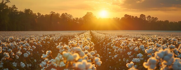 Wall Mural - sunset over a carolina cotton field, with rows of white cotton stretching to the horizon, copy space