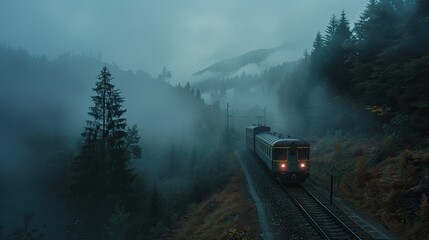 Wall Mural - train driving through mist in a mountain 