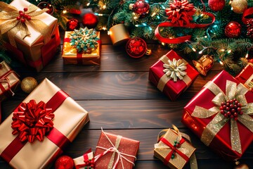 Assorted Xmas Boxes with Copy Space. Top view. Flat lay. Red tree balls and pine leaves. Christmas season. Flat lay