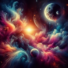 Wall Mural - Discover the mesmerizing beauty of deep space with this stunning image featuring the moon and solar system. Enhanced with smoke effects, sparkles, glitter, and a vibrant array of colors, this tattoo-i