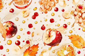 Watercolor autumn fruit pattern featuring apples, grapes, oranges, and fall leaves, perfect for seasonal designs and backgrounds.