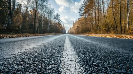 Wall Mural - Empty road in summer through leafless forest with sky 