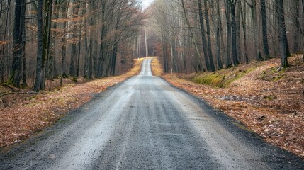 Wall Mural - Empty road in summer through leafless forest with sky 