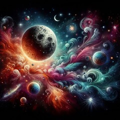 Wall Mural - Discover the mesmerizing beauty of deep space with this stunning image featuring the moon and solar system. Enhanced with smoke effects, sparkles, glitter, and a vibrant array of colors, this tattoo-i