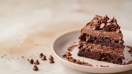 Wall Mural - Slice of a chocolate cake on a light beige background