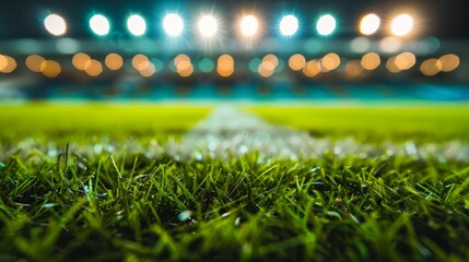 Close-up of lush green grass on a football field with stadium lights blurred in the background.