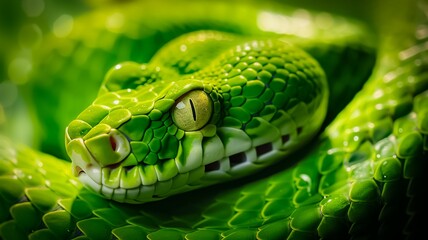 Canvas Print - AI generated illustration of a close-up of a vibrant green snake with detailed scales and sharp eyes