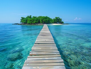 Wall Mural - your life will change: a bridge leading to a picturesque island, surrounded by clear blue waters, sy
