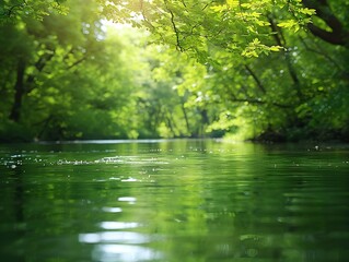 Wall Mural - happy every breath: a serene river scene with lush greenery and clear water, evoking tranquility and