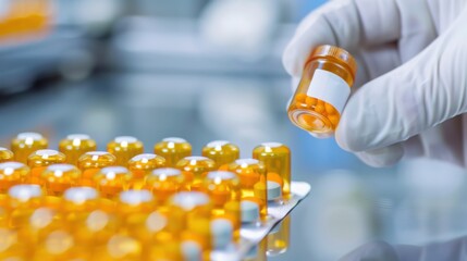 a person is holding a bottle of medicine in a white glove