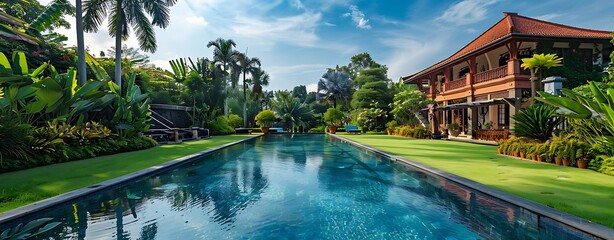 Wall Mural - wealthy for life: a luxury villa with a beautiful garden and an infinity pool, symbolizing success a