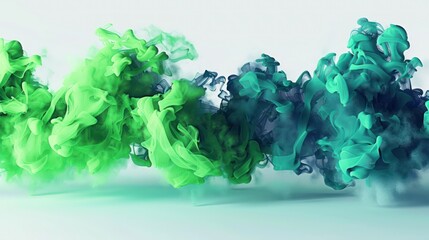 a bright green and dark blue smoke burst, the colors weaving together on a white background to simul