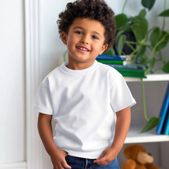 Wall Mural - Afro american, latin boy model white tshirt mockup, front view. Preschoolar, school aged kids mock up. Children's casual cotton shirt mockups. Short sleeve crewneck tee, blank shirt template, indoor 