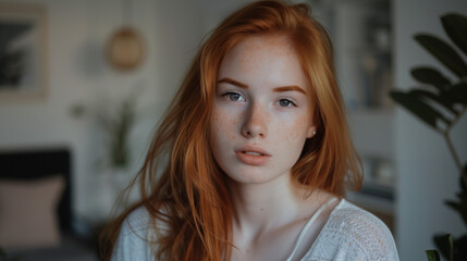 Wall Mural - Red Hair Young Teenage Woman in White Bedroom Interior. Beautiful Model Closeup Face