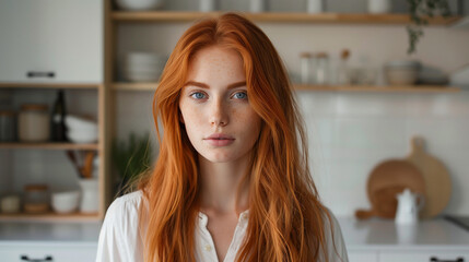 Wall Mural - Red Hair Young Woman in White Kitchen Interior. Beautiful Model Closeup Face