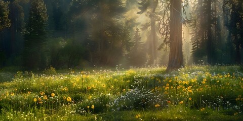 Wall Mural - Sunlight shines through tall trees onto a vibrant meadow filled with wildflowers. Concept Nature Photography, Sunlight, Trees, Meadow, Wildflowers