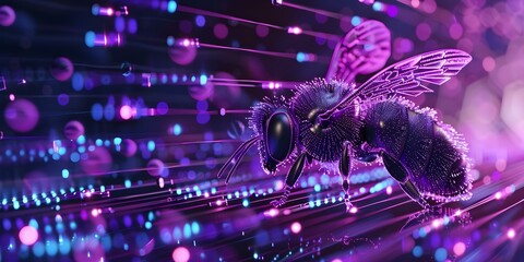 Wall Mural - Neon cyber bee in digital space with glowing purple 3D design. Concept Neon Cyber Bee, Digital Space, Glowing Purple, 3D Design, Futuristic Theme