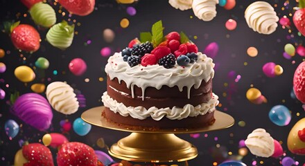 Wall Mural - Colorful five layer cake with whipped cream and berries surrounded by festive confetti on dark background 4k animation