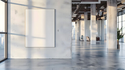 Canvas Print - An empty poster frame in a modern office interior, on a concrete wall, with natural light from windows, concept of advertising space. Generative AI