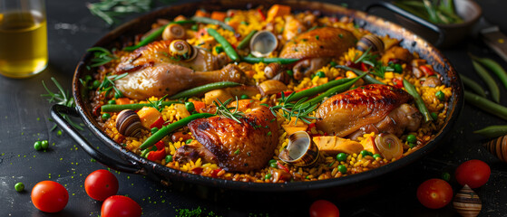 Sticker - Delicious Traditional Spanish Seafood Paella in Pan with Shrimp, Peas, and Chicken