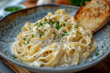 Canvas Print - Creamy Fettuccine Alfredo Pasta with Garlic Bread on White Plate