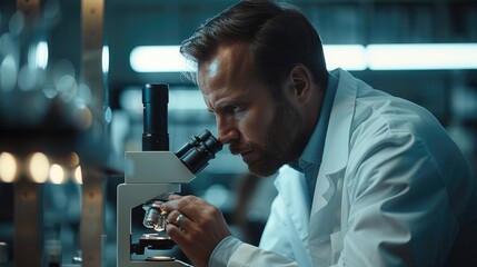 Aufkleber - A scientist in a white coat looks through a microscope in a scientific laboratory. Generative AI.