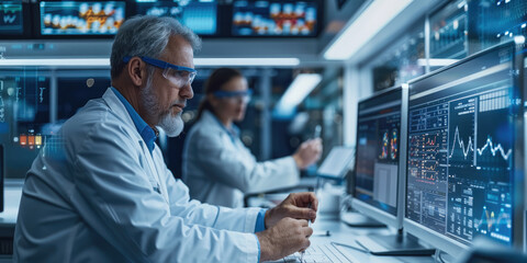 Poster - Scientist working in medical laboratory with lots of data on a screen display, soft lighting. Generative AI.