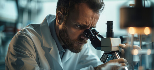 Aufkleber - A scientist in a white coat looks through a microscope in a scientific laboratory. Generative AI.