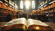 © visoot - A scholarly vignette with an open book on a desk, the depth of field focusing on the pages with a backdrop of a sunlit library filled with rows of book. Generative AI.