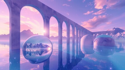 Canvas Print - Surreal Landscape with Arches and Spheres