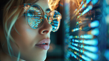 Poster - Close-up Portrait of female Software Engineer Working on Computer, Line of Code Reflecting in Glasses. Developer Working on Innovative e-Commerce Application. Generative AI.
