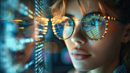 Poster - Close-up Portrait of female Software Engineer Working on Computer, Line of Code Reflecting in Glasses. Developer Working on Innovative e-Commerce Application. Generative AI.
