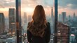 © art-mix - Back view of a successful businesswoman standing at panoramic office window with a cityscape view at daytime