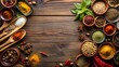 © Chenda - top view various cooking spices ingredents herb lied flat wood table mock up blank space text