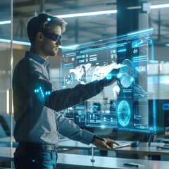 An individual interacting with a high-tech holographic interface in a modern office setting, illustrating advanced technology and user interface concepts.