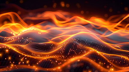 Wall Mural - 3D rendered landscape of orange waves with glowing edges on a dark background. Digital art of orange wave made from lines with black background. Futuristic and abstract concept. Network.