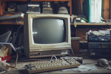 A nostalgic shot of an old, dusty retro computer and keyboard on a cluttered desk in a dimly lit room, evoking memories of early computing days.