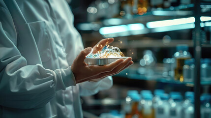 Poster - Closeup of man's hand doing innovation in a lab with an aluminium tin in his hand. Generative AI.