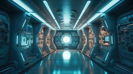 Wall Mural - Futuristic corridor with circular architecture in a sci-fi spaceship. Image of modern corridor of spacecraft interior with bright blue light. Concept for advanced technology and space travel. AIG35.