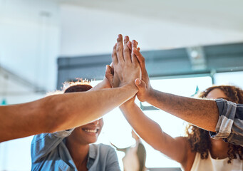 Wall Mural - Business people, high five and hands for teamwork goals in office, solidarity and celebrate success. Employees, circle and together for target achievement, meeting and connect for project motivation