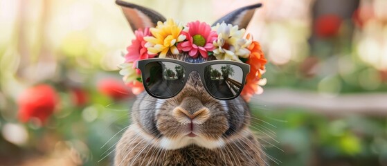 A cute rabbit wearing sunglasses and a flower crown stands in a vibrant garden setting