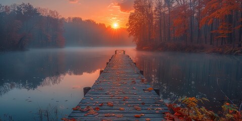 Poster - Autumn Sunset Over a Misty Lake with a Wooden Dock