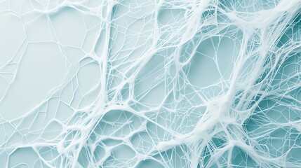 Abstract white tangled fiber lines on a pale background creating intricate webbing, suitable for technology or design concept visuals.