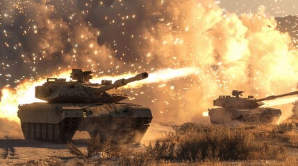 Tanks firing in a 3D render of a modern war  AI generated illustration