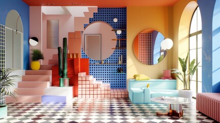 Wall Mural - The retro-inspired Memphis style brought to life in a stunning 3D render  AI generated illustration