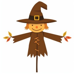 Wall Mural - Cute Scarecrow Hat Clipart for Autumn Vibe - Flat Design Illustration in Brown on White Background