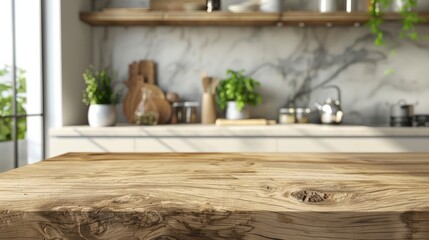 Wall Mural - Modern kitchen interior, closeup of a wooden countertop with a blurred marble background